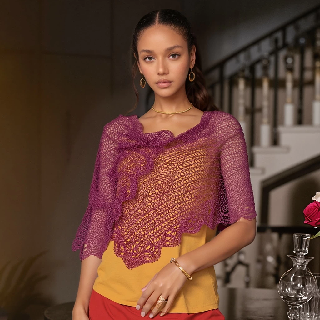 В'язана гачком шаль «Флоренсія» – бордовий бавовняний шарф з люрексом, мереживна хустка ручної роботи 60×140 см від PRIGRIZ - Зображення 3