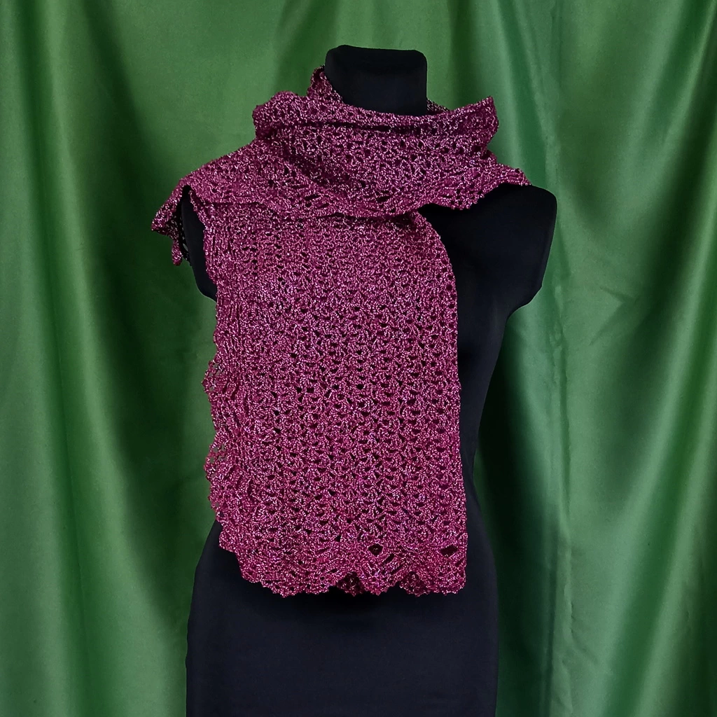 В'язана гачком шаль «Флоренсія» – бордовий бавовняний шарф з люрексом, мереживна хустка ручної роботи 60×140 см від PRIGRIZ - Зображення 9