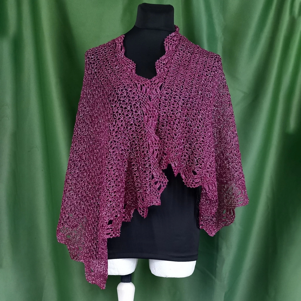 В'язана гачком шаль «Флоренсія» – бордовий бавовняний шарф з люрексом, мереживна хустка ручної роботи 60×140 см від PRIGRIZ - Зображення 8