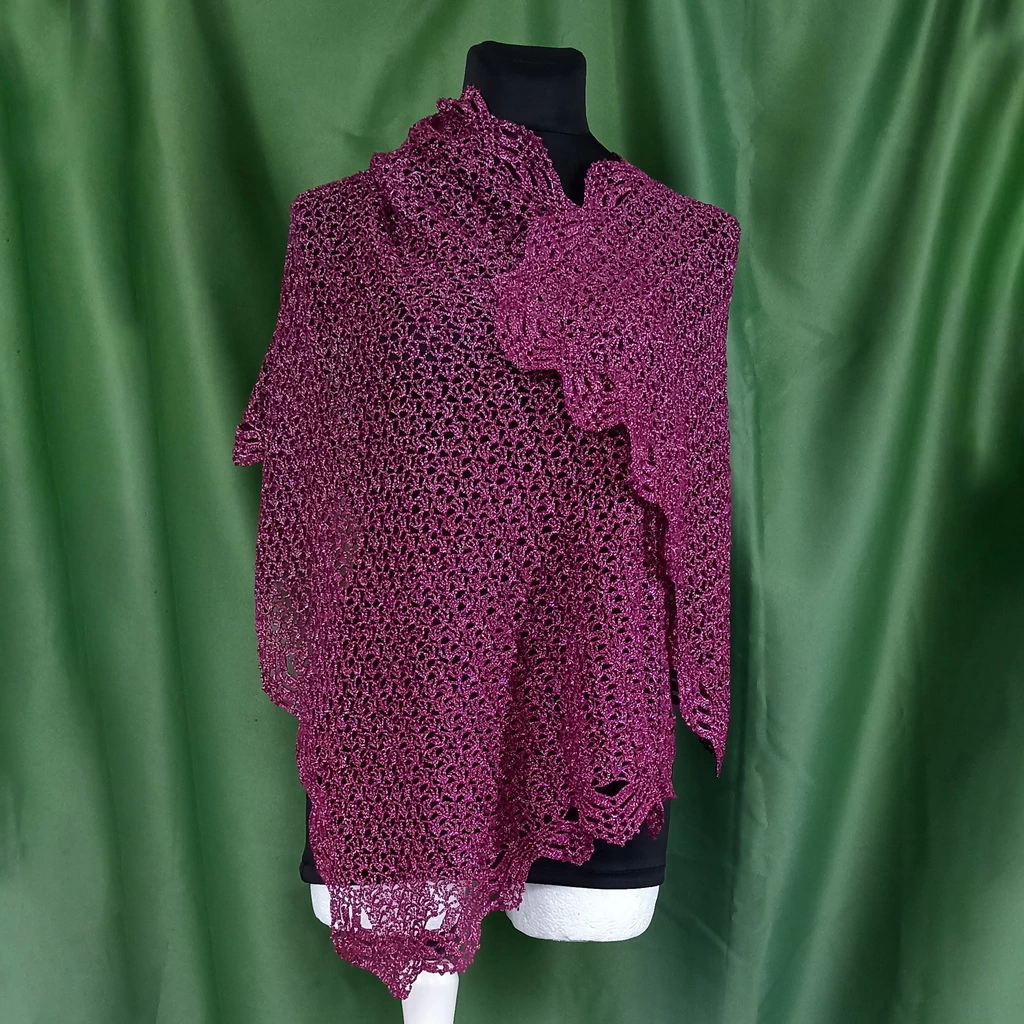 В'язана гачком шаль «Флоренсія» – бордовий бавовняний шарф з люрексом, мереживна хустка ручної роботи 60×140 см від PRIGRIZ - Зображення 7