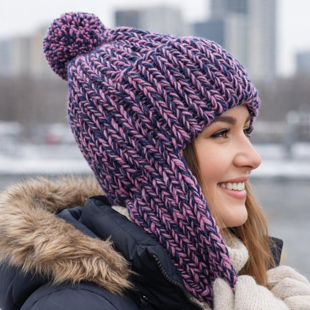 Жіноча в'язана шапка вушанка "Ms. Jen" з помпоном, фіолетово-чорний мікс - ручна робота від PRIGRIZ