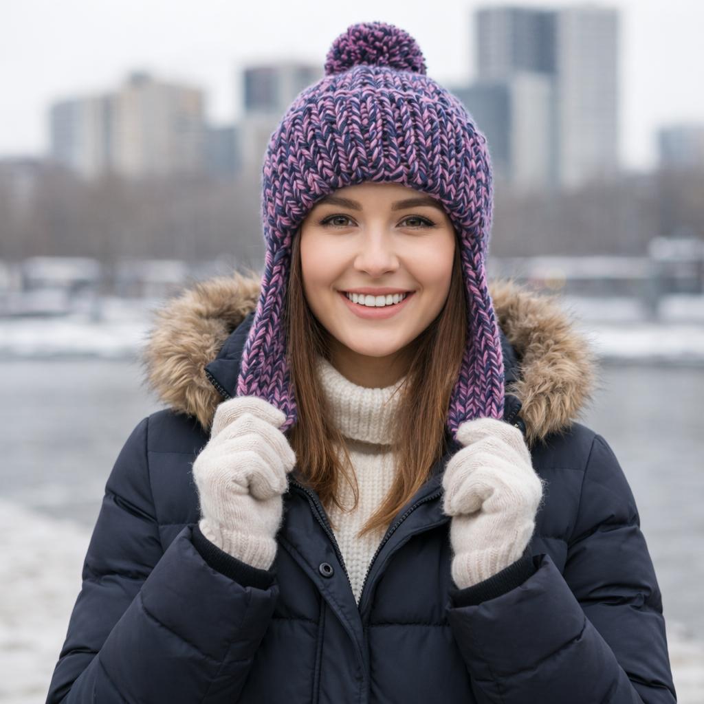 Жіноча в'язана шапка вушанка "Ms. Jen" з помпоном, фіолетово-чорний мікс - ручна робота від PRIGRIZ - Зображення 2