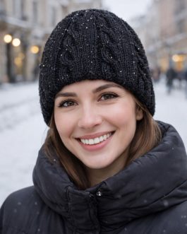 Шапка жіноча в’язана з паєтками “Black Shine”, ручна рробота від PRIGRIZ, 50-58 см