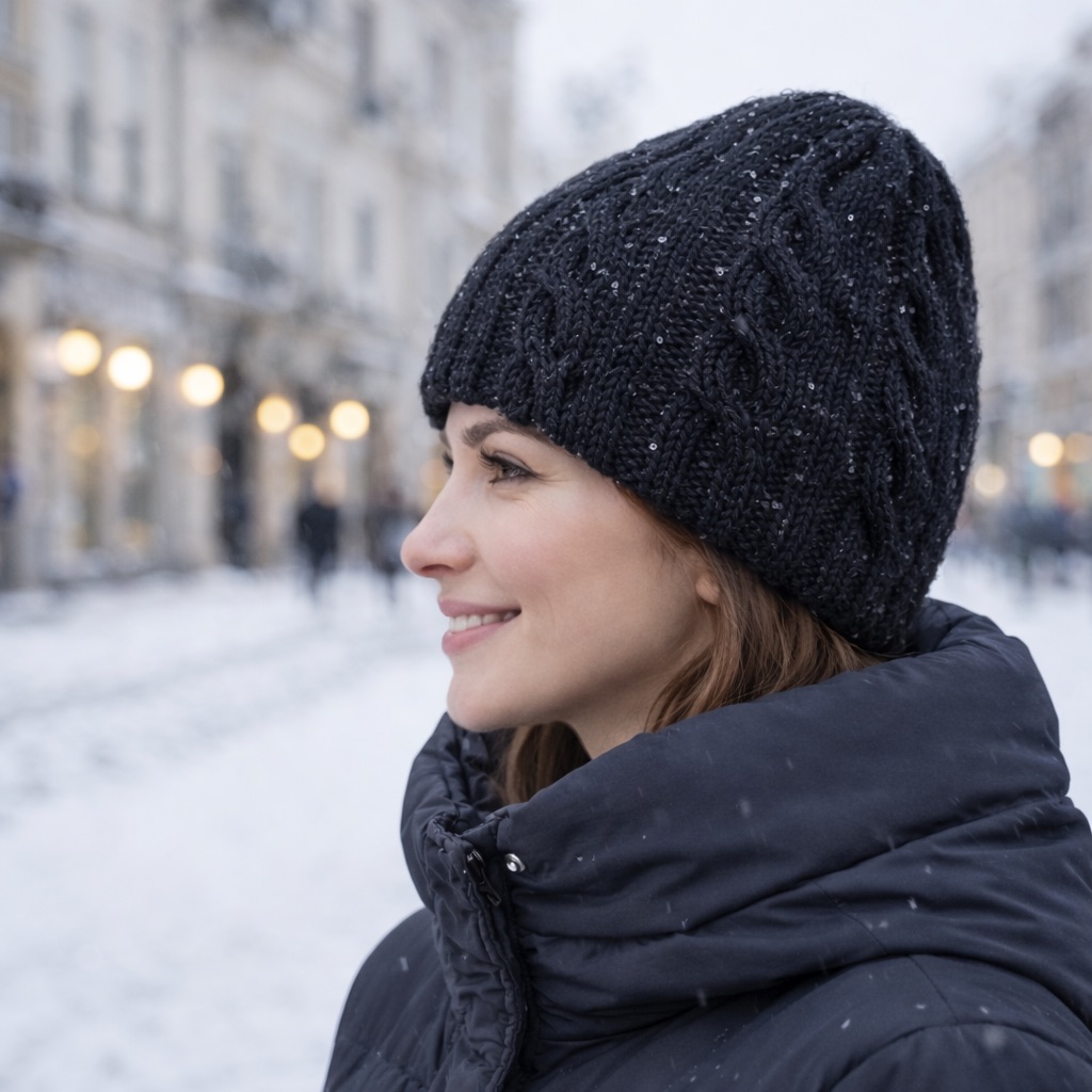 Шапка жіноча в’язана з паєтками “Black Shine”, ручна рробота від PRIGRIZ, 50-58 см - Зображення 3