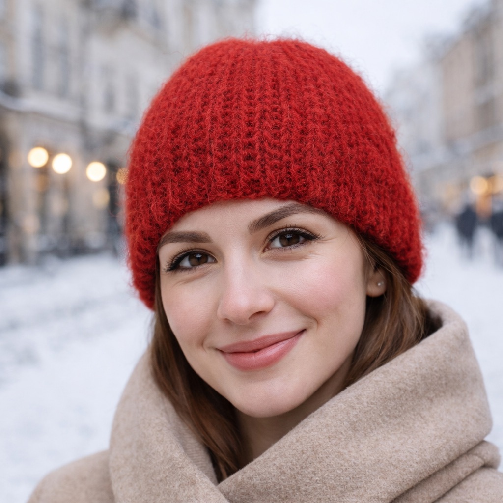В'язана жіноча шапка червона, пухнаста, зимова, ручної роботи від PRIGRIZ, 50-58 см - Зображення 5