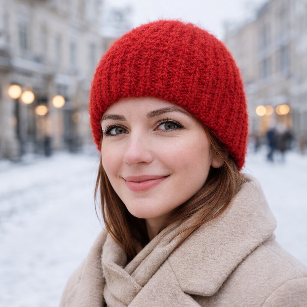 В'язана жіноча шапка червона, пухнаста, зимова, ручної роботи від PRIGRIZ, 50-58 см - Зображення 3