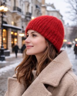 В’язана жіноча шапка червона, пухнаста, зимова, ручної роботи від PRIGRIZ, 50-58 см