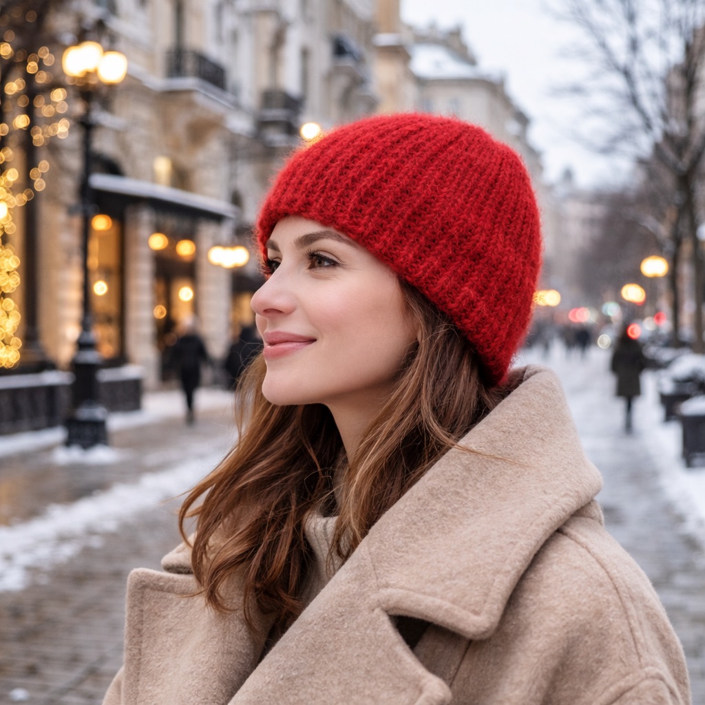 В'язана жіноча шапка червона, пухнаста, зимова, ручної роботи від PRIGRIZ, 50-58 см